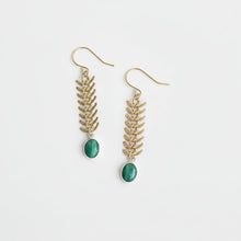 Load image into Gallery viewer, Gold leaf-shaped chain earrings with green malachite stones on a white background
