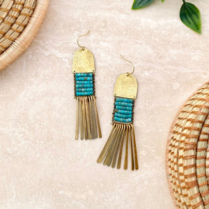 Turquoise Brass Tassel Earrings