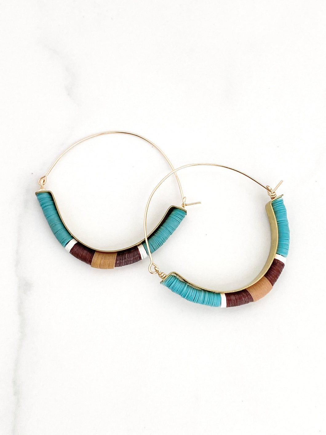 Turquoise Purple Peach Brass Hoops